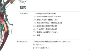 3
目次
作ってみよう
おまけのおはなし
１：Unityでシェーダを書いてみる
２：スライダーの値をシェーダに送ってみる
３：カメラオブジェクトを動かしてみる
４：マンデルボックスシェーダを作成してみる
５：カメラの動きと連動させてみよう
６：ドームマスター表示にしてみよう
７：連番ファイルに書き出してみよう
８：発展
プラネタリウム用の映像形式であるドームマスターについて
シェーダについて
レイマーチング法について
 