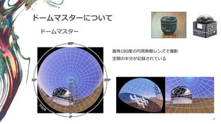 80
ドームマスターについて
ドームマスター
画角180度の円周魚眼レンズで撮影
空間の半分が記録されている
 