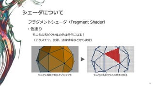 90
シェーダについて
フラグメントシェーダ（Fragment Shader）
モニタの各ピクセルの色は何色になる？
（テクスチャ、光源、法線情報などから決定）
モニタに投影されたオブジェクト モニタの各ピクセルの色を決める
・色塗り
 