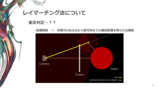 97
レイマーチング法について
衝突判定…？？
・距離関数 → 空間内のある点から被写体までの最短距離を得られる関数
 