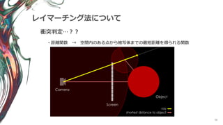 98
レイマーチング法について
衝突判定…？？
・距離関数 → 空間内のある点から被写体までの最短距離を得られる関数
 