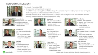 RAYMOND JAMES 38TH ANNUAL INSTITUTIONAL INVESTORS CONFERENCE MARCH 2017 5
SENIOR MANAGEMENT
Tim Hockey – President and CEO
 32+ years in retail banking and wealth management
 Joined TD Ameritrade in January 2016 from TD Bank Group, where he most recently served as Group Head, Canadian Banking and
Wealth management, and as President and CEO of TD Canada Trust
 Over his 32-year career with TD, he held senior positions in a variety of areas including mutual funds, retail distribution, information
technology, core and small business, credit cards and personal lending.
Tom Bradley
President, Retail Distribution
 Nearly 30 years of experience
in the industry
 Former President, TD
Ameritrade Institutional
Tom Nally
President,
TD Ameritrade Institutional
 More than 20 years of
experience with Advisors
 Currently responsible for TD
Ameritrade Institutional Sales
Karen Ganzlin
EVP, Chief Human Resources
Officer
 Over 10 years with the firm
 Former SVP of HR in wealth
management for TD Bank
Steve Boyle
EVP, Chief Financial Officer
 Nearly 30 years in financial
services industry
 Former CFO of TD Bank
Prashant Bhatia
Managing Director, Corp. Strategy
& Business Development
 Over 20 years in financial
services industry
David Kimm
EVP, Chief Risk Officer
 Nearly 30 years in
financial services – 15 of
which included risk
management
Ellen Koplow
EVP, General Counsel & Corporate
Secretary
 Over 15 years with the firm
 Former managing principal at
Columbia, MD office of Miles &
Stockbridge, P.C.
Steve Quirk
EVP, Trader Group
 30-year trading career
beginning with Chicago
Board of Options
Exchange market maker
Vijay Sankaran
Chief Information Officer
 Prior to joining the firm was IT
Chief of Technology at Ford
Motor Company
 