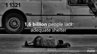 1.6 billion people lack
adequate shelter
Source: UN Habitat (unhabitat.org/up-for-slum-dwellers-transforming-a-billion-lives-campaign-unveiled-in-europe/)
Powered by
 