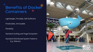 Beneﬁts of Docker
Containers
Lightweight, Portable, Self-Suﬃcient
Predictable, Immutable
Flexibility
Standard tooling and Huge Ecosystem
Standard Distributed System Patterns
- E.g. Sidecars
 