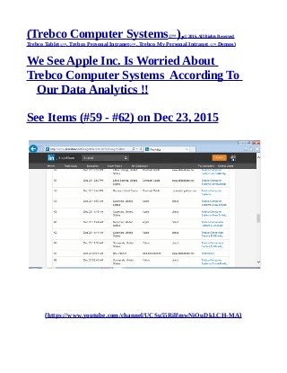 (Trebco Computer Systems©™ ),© 2016, All Rights Reserved
Trebco Tablet©™, Trebco Personal Intranet©™, Trebco My Personal Intranet ©™ Demos)
We See Apple Inc. Is Worried About
Trebco Computer Systems According To
Our Data Analytics !!
See Items (#59 - #62) on Dec 23, 2015
(https://www.youtube.com/channel/UCSu55RilfmwNiOuDkLCH-MA)
 