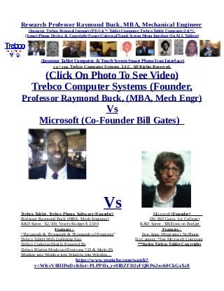 Research Professor Raymond Buck, MBA, Mechanical Engineer
(Inventor, Trebco Personal Intranet (PI) © &™, Tablet Computer, Trebco Tablet Computer,© &™),
(Smart Phone, Device, & Copyright Owner Universal Touch Screen Menu Interface On ALL Tablets)
(Inventor Tablet Computer, & Touch Screen Smart Phone Icon Interface)
© &™ 2016, Trebco Computer Systems, LLC, All Rights Reserved.
(Click On Photo To See Video)
Trebco Computer Systems (Founder,
Professor Raymond Buck, (MBA, Mech Engr)
Vs
Microsoft (Co-Founder Bill Gates)
VsTrebco Tablet, Trebco Phone, Software (Founder) Microsoft (Founder)
Professor Raymond Buck (MBA, Mech Engineer) (By Bill Gates, 1yr College)
R&D Spent : $2,500, Yearly Budget $ 2,500 R&D Spent : $Billions on Budget
Features : Features :
“Thousands & Thousands & Thousands of Programs” Few Apps (Programs), NoPhone
Trebco Tablet With Lightning Fast No Camera, *See Microsoft Literature
Trebco Coderian Matrix Powered By **Stolen Trebco Tablet Copyright
Trebco Pilgrim Modicon (Dynicons 7-D & Multi-D)
Window into Window into Window into Window…
https://www.youtube.com/watch?
v=WKvV8HIPnDc&list=PLPPHz_rr0IBZFD2yFQRPn2och0CkGzXc8
 