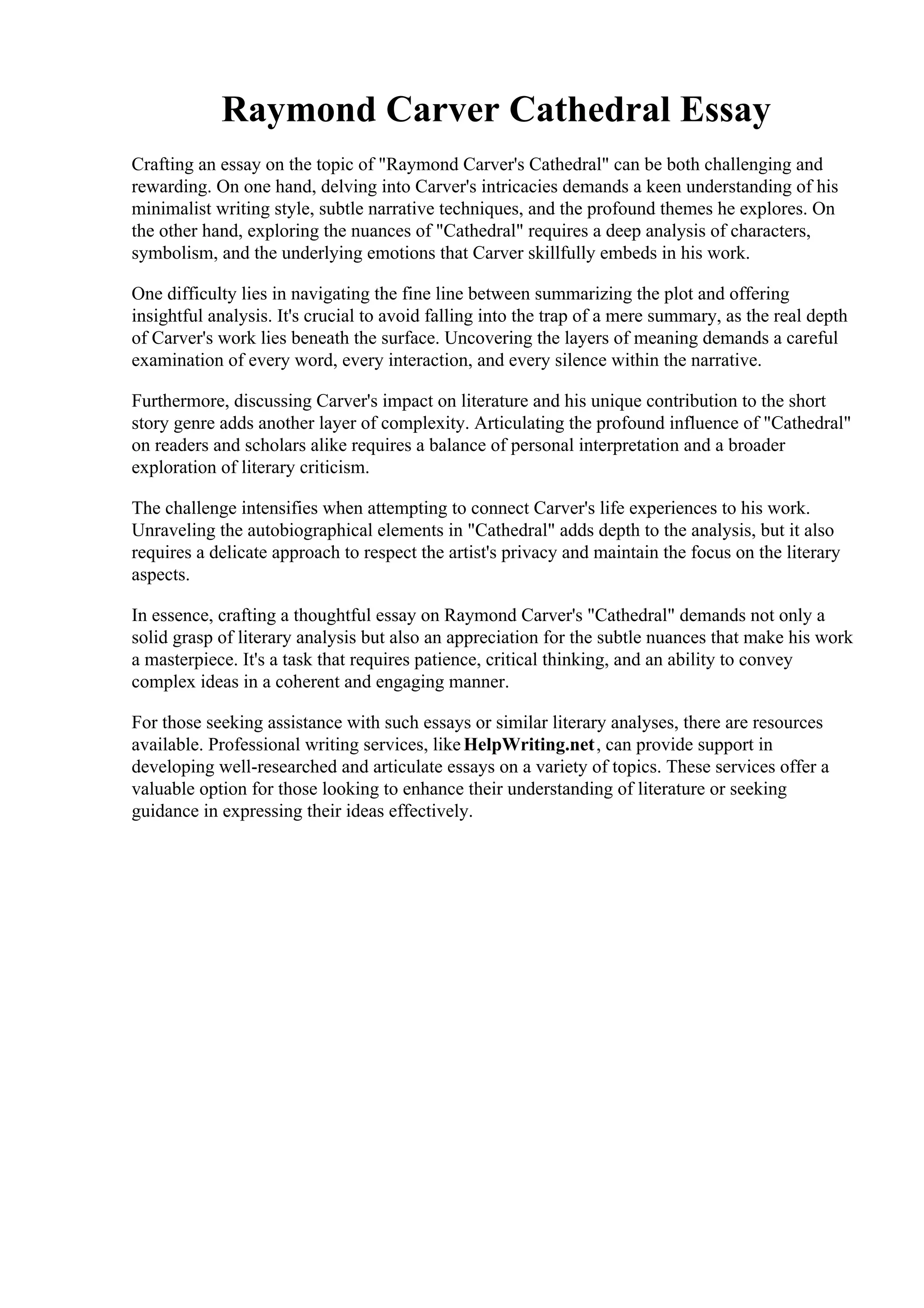 Raymond Carver Cathedral Essay. Cathedral by Raymond Carver Essay ...