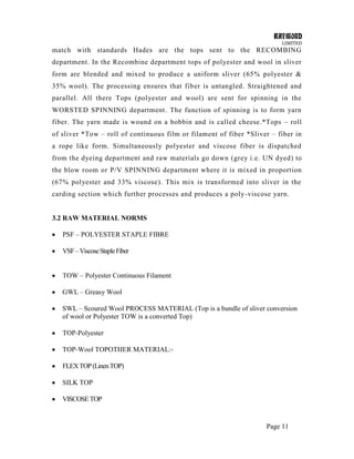 RAYMOND
LIMITED
Page 11
match with standards Hades are the tops sent to the RECOMBING
department. In the Recombine department tops of polyester and wool in sliver
form are blended and mixed to produce a uniform sliver (65% polyester &
35% wool). The processing ensures that fiber is untangled. Straightened and
parallel. All there Tops (polyester and wool) are sent for spinning in the
WORSTED SPINNING department. The function of spinning is to form yarn
fiber. The yarn made is wound on a bobbin and is called cheese.*Tops – roll
of sliver *Tow – roll of continuous film or filament of fiber *Sliver – fiber in
a rope like form. Simultaneously polyester and viscose fiber is dispatched
from the dyeing department and raw materials go down (grey i.e. UN dyed) to
the blow room or P/V SPINNING department where it is mixed in proportion
(67% polyester and 33% viscose). This mix is transformed into sliver in the
carding section which further processes and produces a poly-viscose yarn.
3.2 RAW MATERIAL NORMS
PSF – POLYESTER STAPLE FIBRE
VSF–ViscoseStapleFiber
TOW – Polyester Continuous Filament
GWL – Greasy Wool
SWL – Scoured Wool PROCESS MATERIAL (Top is a bundle of sliver conversion
of wool or Polyester TOW is a converted Top)
TOP-Polyester
TOP-Wool TOPOTHER MATERIAL:-
FLEXTOP(LinenTOP)
SILK TOP
VISCOSETOP
 