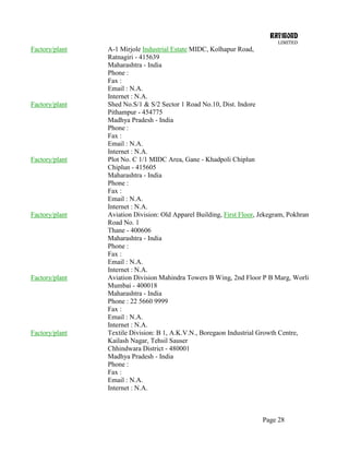 RAYMOND
LIMITED
Page 28
Factory/plant A-1 Mirjole Industrial Estate MIDC, Kolhapur Road,
Ratnagiri - 415639
Maharashtra - India
Phone :
Fax :
Email : N.A.
Internet : N.A.
Factory/plant Shed No.S/1 & S/2 Sector 1 Road No.10, Dist. Indore
Pithampur - 454775
Madhya Pradesh - India
Phone :
Fax :
Email : N.A.
Internet : N.A.
Factory/plant Plot No. C 1/1 MIDC Area, Gane - Khadpoli Chiplun
Chiplun - 415605
Maharashtra - India
Phone :
Fax :
Email : N.A.
Internet : N.A.
Factory/plant Aviation Division: Old Apparel Building, First Floor, Jekegram, Pokhran
Road No. 1
Thane - 400606
Maharashtra - India
Phone :
Fax :
Email : N.A.
Internet : N.A.
Factory/plant Aviation Division Mahindra Towers B Wing, 2nd Floor P B Marg, Worli
Mumbai - 400018
Maharashtra - India
Phone : 22 5660 9999
Fax :
Email : N.A.
Internet : N.A.
Factory/plant Textile Division: B 1, A.K.V.N., Boregaon Industrial Growth Centre,
Kailash Nagar, Tehsil Sauser
Chhindwara District - 480001
Madhya Pradesh - India
Phone :
Fax :
Email : N.A.
Internet : N.A.
 
