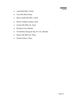 RAYMOND
LIMITED
Page 30
Anand Silk Mills, Valsad
Titex Silk Mills,Valsad
Shree sainath Silk Mills, Valsad
Shreeji Trading Company, Surat
Garden Silk Mills Ltd., Surat
Raj Rayon Ltd., Mumbai
The Bombay Dyeing & mfg. Pvt. Ltd., Mumbai
Shiyaji Silk Mills Ltd, Thane
Nirmala Fabrics, Thane
 