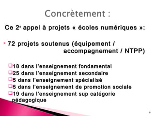 Ce 2Ce 2ee
appel à projets « écoles numériques »:appel à projets « écoles numériques »:
 72 projets soutenus (équipement /72 projets soutenus (équipement /
accompagnement / NTPP)accompagnement / NTPP)
18 dans l’enseignement fondamental18 dans l’enseignement fondamental
25 dans l’enseignement secondaire25 dans l’enseignement secondaire
5 dans l’enseignement spécialisé5 dans l’enseignement spécialisé
5 dans l’enseignement de promotion sociale5 dans l’enseignement de promotion sociale
19 dans l’enseignement sup catégorie19 dans l’enseignement sup catégorie
pédagogiquepédagogique
11
 