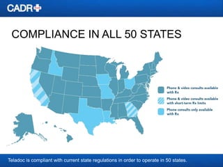 COMPLIANCE IN ALL 50 STATES

Teladoc is compliant with current state regulations in order to operate in 50 states.

 