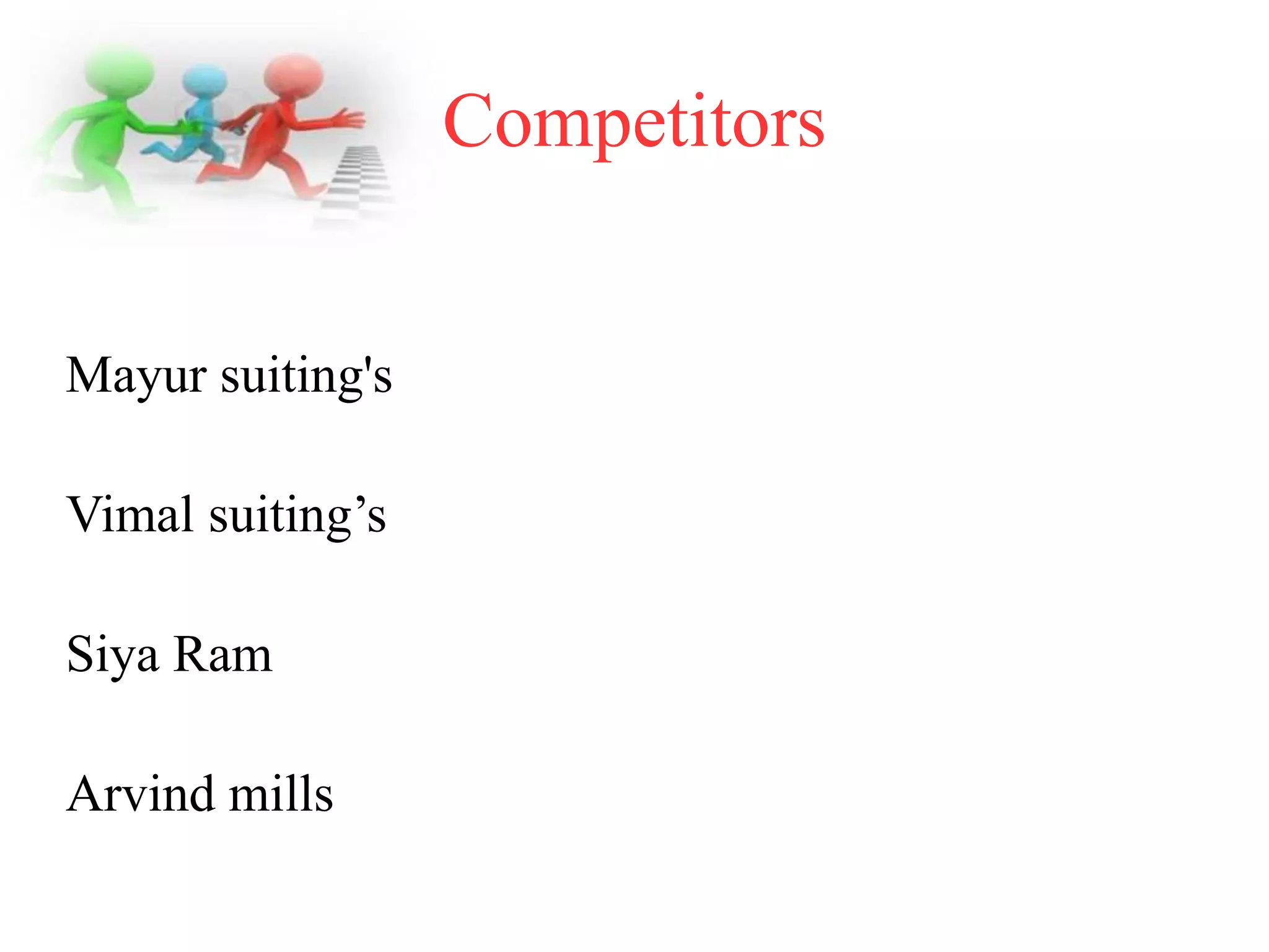 Competitors
Mayur suiting's
Vimal suiting’s
Siya Ram
Arvind mills
 