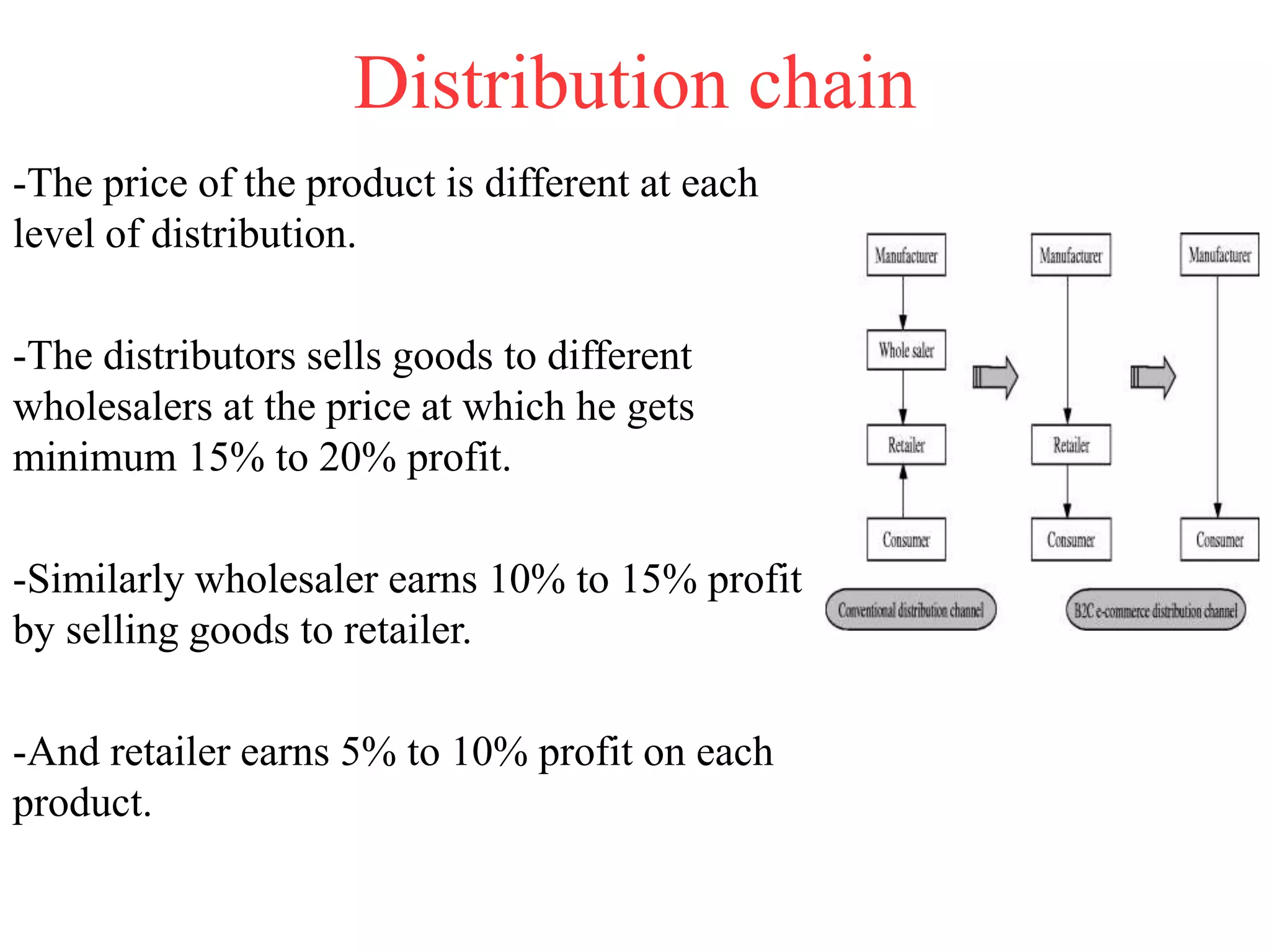 Distribution chain
-The price of the product is different at each
level of distribution.
-The distributors sells goods to different
wholesalers at the price at which he gets
minimum 15% to 20% profit.
-Similarly wholesaler earns 10% to 15% profit
by selling goods to retailer.
-And retailer earns 5% to 10% profit on each
product.
 