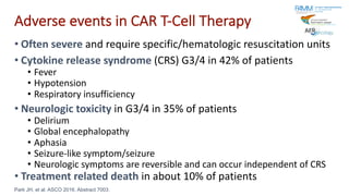 Adverse events in CAR T-Cell Therapy
• Often severe and require specific/hematologic resuscitation units
• Cytokine releas...