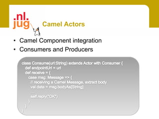 Camel Actors

• Camel Component integration
• Consumers and Producers
 
