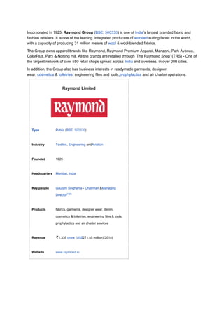 Incorporated in 1925, Raymond Group (BSE: 500330) is one of India's largest branded fabric and
fashion retailers. It is one of the leading, integrated producers of worsted suiting fabric in the world,
with a capacity of producing 31 million meters of wool & wool-blended fabrics.

The Group owns apparel brands like Raymond, Raymond Premium Apparel, Manzoni, Park Avenue,
ColorPlus, Parx & Notting Hill. All the brands are retailed through ‘The Raymond Shop’ (TRS) - One of
the largest network of over 550 retail shops spread across India and overseas, in over 200 cities.

In addition, the Group also has business interests in readymade garments, designer
wear, cosmetics & toiletries, engineering files and tools,prophylactics and air charter operations.


                       Raymond Limited




   Type           Public (BSE: 500330)



   Industry       Textiles, Engineering andAviation



   Founded        1925



   Headquarters   Mumbai, India



   Key people     Gautam Singhania - Chairman &Managing

                  Director[1][2]



   Products       fabrics, garments, designer wear, denim,

                  cosmetics & toiletries, engineering files & tools,

                  prophylactics and air charter services



   Revenue          1,339 crore (US$271.55 million)(2010)



   Website        www.raymond.in
 
