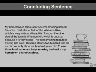 Concluding Sentence
My hometown is famous for several amazing natural
features. First, it is noted for the Wheaton River,
which is very wide and beautiful. Also, on the other
side of the town is Wheaton Hill, which is unusual
because it is very steep. The third amazing feature is
the Big Old Tree. This tree stands two hundred feet tall
and is probably about six hundred years old. These
three landmarks are truly amazing and make my
hometown a famous place.
 