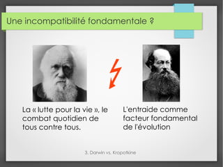 Une incompatibilité fondamentale ?
3. Darwin vs. Kropotkine
La « lutte pour la vie », le
combat quotidien de
tous contre tous.
L'entraide comme
facteur fondamental
de l'évolution
 