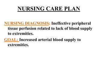 NURSING CARE PLAN
NURSING DIAGNOSIS: Ineffective peripheral
tissue perfusion related to lack of blood supply
to extremities.
GOAL: Increased arterial blood supply to
extremities.
 