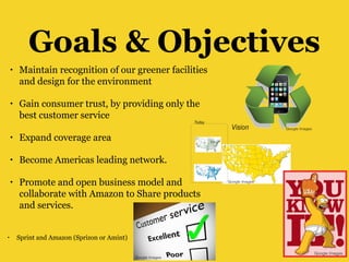 Goals & Objectives
• Maintain recognition of our greener facilities
and design for the environment
• Gain consumer trust, by providing only the
best customer service
• Expand coverage area
• Become Americas leading network.
• Promote and open business model and
collaborate with Amazon to Share products
and services.
Google Images
Google Images
Google Images
Google Images
• Sprint and Amazon (Sprizon or Amint)
 