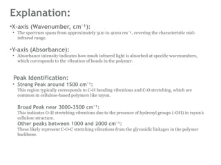 Explanation:
•X-axis (Wavenumber, cm ¹):
⁻
• The spectrum spans from approximately 500 to 4000 cm ¹, covering the characteristic mid-
⁻
infrared range.
•Y-axis (Absorbance):
• Absorbance intensity indicates how much infrared light is absorbed at specific wavenumbers,
which corresponds to the vibration of bonds in the polymer.
Peak Identification:
• Strong Peak around 1500 cm ¹:
⁻
This region typically corresponds to C-H bending vibrations and C-O stretching, which are
common in cellulose-based polymers like rayon.
Broad Peak near 3000–3500 cm ¹:
⁻
This indicates O-H stretching vibrations due to the presence of hydroxyl groups (-OH) in rayon's
cellulose structure.
Other peaks between 1000 and 2000 cm ¹:
⁻
These likely represent C-O-C stretching vibrations from the glycosidic linkages in the polymer
backbone.
 
