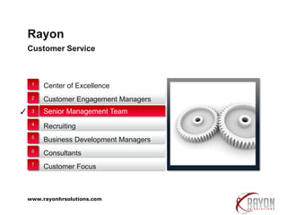 Customer Service
Rayon
Your Logo
Center of Excellence
Customer Focus
Senior Management Team
Business Development Managers
Customer Engagement Managers
Recruiting
Consultants
✓
1
2
3
4
5
6
7
www.rayonhrsolutions.com
 
