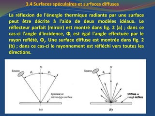 3.4 Surfaces spéculaires et surfaces diffuses
La réflexion de l'énergie thermique radiante par une surface
peut être décrite à l'aide de deux modèles idéaux. Le
réflecteur parfait (miroir) est montré dans fig. 2 (a) ; dans ce
cas-ci l'angle d'incidence, Φi est égal l'angle effectuée par le
rayon reflété, Φr. Une surface diffuse est montrée dans fig. 2
(b) ; dans ce cas-ci le rayonnement est réfléchi vers toutes les
directions.
 