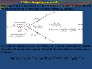 7.3 Bilan énergétique au nœud Ji.
Nous voyons que le flux radiatif net de à la surface Ai, qi, égal la somme des flux
radiatif net à partir de Ai vers toutes les autres surfaces Qij, voir fig13.
Le réseau correspond à un bilan énergétique sur le nœud représentant la radiosité
(potentiel). Du réseau nous pouvons voir que le flux net à partir de la surface A1, q1,
à la forme :
Q1= Q12 + Q12+… =( J1− J2)/ (F12A1 )-1+ ( J1− J3)/ (F13A1 )-1+…
 