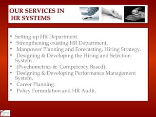 Setting up HR Department. Strengthening existing HR Department. Manpower Planning and Forecasting, Hiring Strategy. Designing & Developing the Hiring and Selection System .  (Psychometrics &  Competency Based). Designing & Developing Performance Management System. Career Planning. Policy Formulation and HR Audit. OUR SERVICES IN  HR SYSTEMS 