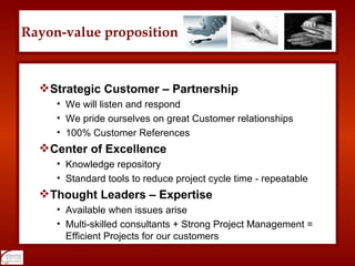 Rayon-value proposition <ul><ul><li>Strategic Customer – Partnership </li></ul></ul><ul><ul><ul><li>We will listen and res...