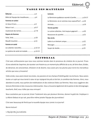 Éditorial
Table des matières
Éditorial………………………..............................p.3

Lectures

Billet de l’équipe des travailleuses…............p.4

Le féminisme québécois raconté à Camille................p.16-17

Femmes en action

Le féminisme: où en sommes-nous aujourd’hui?.....p.18

Un beau 8 mars…………….............................p.5

Aminata.....................................................................p.19

Retour à soi……...........................................p.6-7

Vie de quartier

L’autoroute des larmes...............................p.7-8

La cuisine collective, c’est toujours gagnant!............p.20

Rayons de femmes

Ressources du quartier..............................................p.21

Tchik, Tchik..................................................p.10

Nos écrits

Maudit mouchoir........................................p.11

Lettre à un itinérant unique......................................p.22

Femme en santé

Messager...................................................................p.22

Les aidantes naturelles...............................p.12-13

Soupir de révolte......................................................p.23

Le système de santé est malade.................p.14-15

Éditorial
C’est avec enthousiasme que nous nous sommes lancées dans le processus de création de ce journal. Prises
d’une volonté de s’exprimer, de raconter une histoire ou un moment plus difficile de sa vie, de faire rêver, d’aider,
de dénoncer, de conscientiser, d’éclairer et de divertir, nous avons pris nos plumes pour écrire les merveilleux
articles que vous y trouverez!
Cette année, nous avons laissé nos envies, nos passions et nos champs d’intérêt guider nos écritures. Nous avions
toutes un sujet qui nous tenait à cœur et qui rejoignait de près et de loin, la condition des femmes. Ainsi, nous
abordons la santé, nous parlons de mobilisations et des violences faites aux femmes. Nous vous suggérons des
lectures féministes et des ressources intéressantes. Vous y trouverez également de la poésie et des témoignages
touchants. Bref, vous n’allez pas vous ennuyer!
Nous souhaitons par ce journal, briser l’isolement vécu par plusieurs femmes, donner le goût de s’impliquer à
La Marie Debout et qui sait, peut-être même joindre l’équipe des journalistes!
C’est avec beaucoup de fierté que la nouvelle équipe vous convie à ce journal!
Bonne lecture!

L’équipe des journalistes
Rayons de Femmes - Printemps 2013 p.3

 
