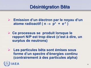 IAEA
Désintégration Bêta
 Emission d’un électron par le noyau d’un
atome radioactif ( n  p+ + e-1 )
 Ce processus se pr...