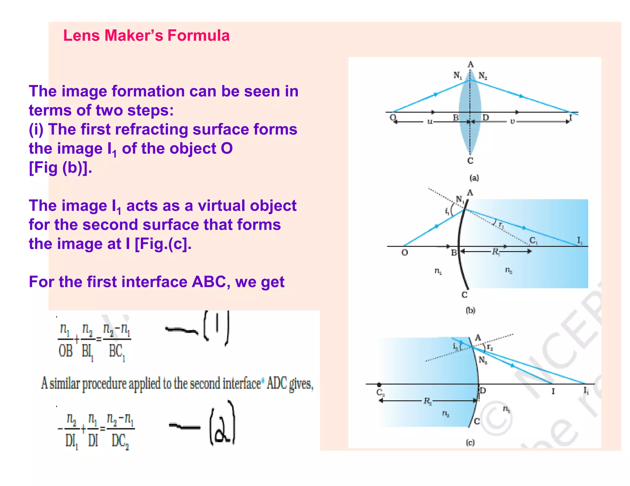 Lens Maker’s Formula
The image formation can be seen in
terms of two steps:
(i) The first refracting surface forms
the image I1 of the object O
[Fig (b)].
The image I1 acts as a virtual object
for the second surface that forms
the image at I [Fig.(c].
For the first interface ABC, we get
 