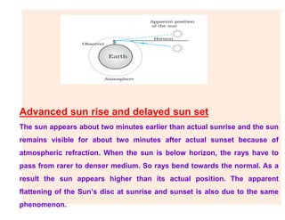 Advanced sun rise and delayed sun set
The sun appears about two minutes earlier than actual sunrise and the sun
remains visible for about two minutes after actual sunset because of
atmospheric refraction. When the sun is below horizon, the rays have to
pass from rarer to denser medium. So rays bend towards the normal. As a
result the sun appears higher than its actual position. The apparent
flattening of the Sun’s disc at sunrise and sunset is also due to the same
phenomenon.
 