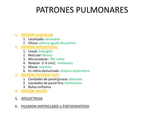 PATRONES PULMONARES 
1. PATRÓN ALVEOLAR 
1. Localizado: neumonía 
2. Difuso: edema agudo de pulmón 
2. PATRÓN INTERSTICIAL 
1. Lineal: linfangitis 
2. Reticular fibrosis 
3. Micronodular: TBC miliar 
4. Nodular (< 6 cms): metástasis 
5. Masas: tumores 
6. En vidrio deslustrado: distress respiratorio 
3. PATRÓN DESTRUCTIVO 
1. Cavidades de pared gruesa: abscesos 
2. Cavidades de pared fina: histiocitosis 
3. Bullas enfisema 
4. PATRÓN MIXTO 
5. ATELECTASIA 
6. PULMON HIPERCLARO o ENFISEMATOSO 
 