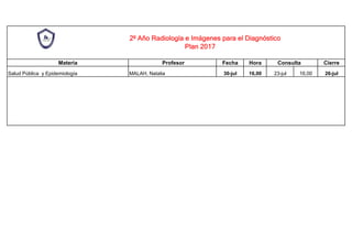 2º Año Radiología e Imágenes para el Diagnóstico
Plan 2017
Materia Profesor Fecha Hora Consulta Cierre
Salud Pública y Epidemiología MALAH, Natalia 30-jul 16,00 23-jul 16,00 26-jul