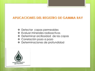  Detectar capas permeables
 Evaluar minerales radioactivos
 Determinar arcillosidad de las capas
 Correlación pozo a pozo
 Determinaciones de profundidad
 