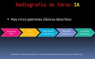 Radiografía de tórax-IA
 Hay cinco patrones clásicos descritos:
Southwick F. Pulmonary infections. In: Infectious diseases a clinical short course. LANGE. 2014
Neumonía
lobar
Bronco-
neumonía
Neumonía
intersticial
Absceso
pulmonar
Lesiones
nodulares
 