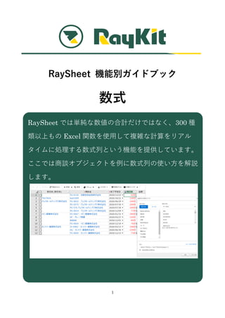 1
RaySheet 機能別ガイドブック
数式
RaySheet では単純な数値の合計だけではなく、300 種
類以上もの Excel 関数を使用して複雑な計算をリアル
タイムに処理する数式列という機能を提供しています。
ここでは商談オブジェクトを例に数式列の使い方を解説
します。
 