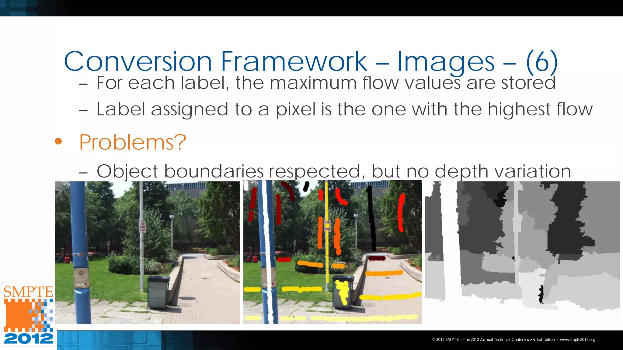 Conversion Framework – Images – (6)
  – For each label, the maximum flow values are stored
  – Label assigned to a pixel is the one with the highest flow
• Problems?
  – Object boundaries respected, but no depth variation




                                           © 2012 SMPT E · T he 2012 Annual Technical C onference & Exhibition · www.smpte2012.org
 