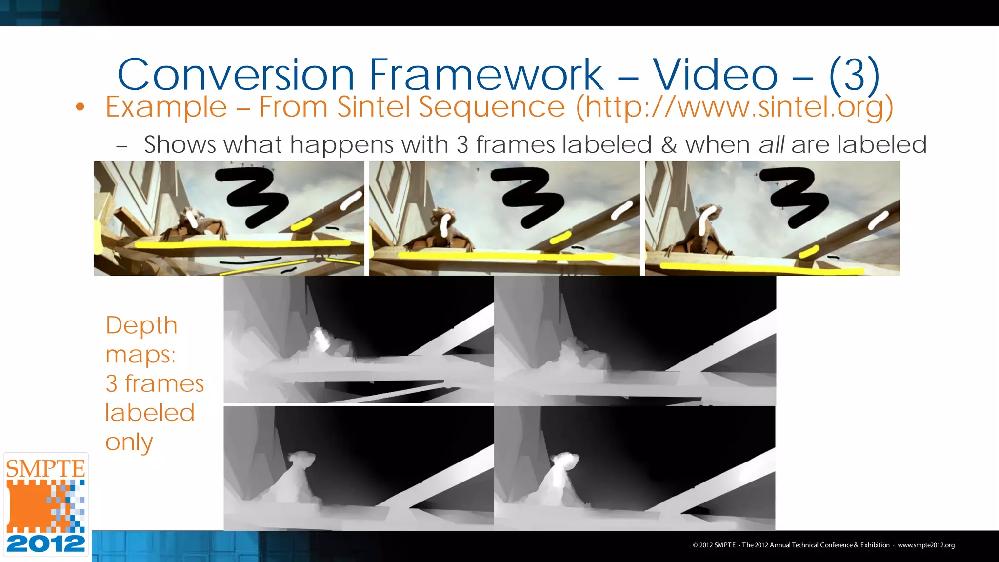 Conversion Framework – Video – (3)
• Example – From Sintel Sequence (http://www.sintel.org)
   – Shows what happens with 3 frames labeled & when all are labeled




  Depth
  maps:
  3 frames
  labeled
  only



                                                 © 2012 SMPT E · T he 2012 Annual Technical C onference & Exhibition · www.smpte2012.org
 