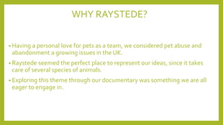 WHY RAYSTEDE?
• Having a personal love for pets as a team, we considered pet abuse and
abandonment a growing issues in the UK.
• Raystede seemed the perfect place to represent our ideas, since it takes
care of several species of animals.
• Exploring this theme through our documentary was something we are all
eager to engage in.
 