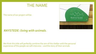 THE NAME
The name of our project will be:
RAYSTEDE: living with animals.
We think this title will perfectly combine the aim of the shelter with the personal
experience of the people we will interview – and the story of their animals.
 