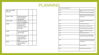PLANNINGDay 2 (Interview filming) 24/11/15
10:00 Collect equipment from Silverstone storage
room
10:15 Catch train to Lewis and a taxi to Raystede
11:00 Meet and sit down with staff to talk about
what needs to be done and what angle they
will be done at
11:30 Set up camera and lighting equipment at
first location
11:40 Start filming first interview
11:50 Move equipment to second location
12:00 Continue filming with second interview
12:10 Move camera equipment to the third
location
12:15 Start filming third interview
12:30 Go and capture more cut away footage
because of the responses of the interview
12:50 Have another talk about how the staff want
the editing to look and to show footage we
have collected
13:00 Pack up equipment
13:20 Get taxi and train back to Falmer
Day 1 (Cut away)
18/11/15
13:00 – 13:10 Collect equipment
from Silverstone
storage room
13:20 -13:45 Get train to Lewis
and taxi to Raystede
14:00 Arrive and talk to
staff about the
production section
of the day
14:30 Set up equipment at
right location
16:00 Film the Cut aways
in the locations
talked about with
stuff
16:50 Leave to catch train
and taxi back to
Falmer
 