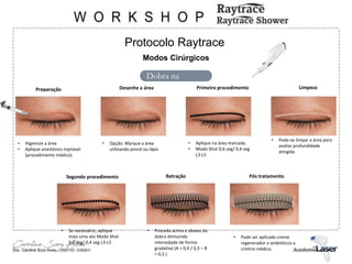 Protocolo Raytrace
Modos Cirúrgicos
Dobra na
Pálpebra
Preparação Desenhe a área Primeiro procedimento Limpeza
• Higienize a área
• Aplique anestésico injetável
(procedimento médico)
• Opção: Marque a área
utilizando pincel ou lápis
• Aplique na área marcada.
• Modo Shot 0,6 seg/ 0,4 seg
L3-L5
• Pode-se limpar a área para
avaliar profundidade
atingida
• Se necessário, aplique
mais uma vez Modo Shot
0,6 seg/ 0,4 seg L3-L5
• Proceda acima e abaixo da
dobra dimiuindo
intensidade de forma
gradativa (A = 0,4 / 0,3 – B
= 0,3 )
• Pode ser aplicado creme
regenerador e anibióticos a
critério médico.
Segundo procedimento Retração Pós tratamento
 
