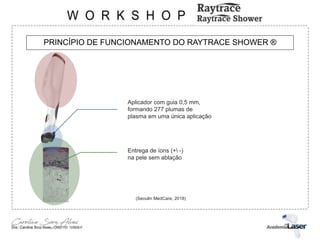 PRINCÍPIO DE FUNCIONAMENTO DO RAYTRACE SHOWER ®
Aplicador com guia 0,5 mm,
formando 277 plumas de
plasma em uma única aplicação
Entrega de íons (+ -)
na pele sem ablação
(Seoulin MedCare, 2018)
 