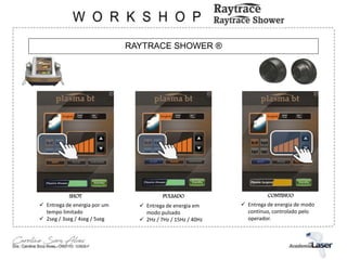 RAYTRACE SHOWER ®
SHOT PULSADO CONTINUO
 Entrega de energia por um
tempo limitado
 2seg / 3seg / 4seg / 5seg
 Entrega de energia em
modo pulsado
 2Hz / 7Hz / 15Hz / 40Hz
 Entrega de energia de modo
contínuo, controlado pelo
operador.
 
