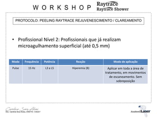 PROTOCOLO: PEELING RAYTRACE REJUVENESCIMENTO / CLAREAMENTO
• Profissional Nível 2: Profissionais que já realizam
microagulhamento superficial (até 0,5 mm)
Modo Frequência Potência Reação Modo de aplicação
Pulse 15 Hz L3 a L5 Hiperemia (B) Aplicar em toda a área de
tratamento, em movimentos
de escaneamento. Sem
sobreposição
 