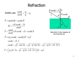 Refraction
                                                                                          ˆ
                                                                                          N cos        ˆ ˆ
                                                                                                       I N
                                                                                                   i
                           sin
 Snell’s Law                             t        i
                                                                                                               ˆ
                           sin           i        t
                                                          r
                                                                                            ˆ
                                                                                            I                  N cos    i
                                                                                                           i                ˆ
                                                                                                                            M
ˆ
T    sin          ˆ
                  M              ˆ
                           cos t N
              t

                    ˆ
                  ( N cos                    ˆ
                                             I)
     ˆ
     M                           i                                                                              t
                                                                                                                        ˆ
                       sin                                                                             ˆ
                                                                                                       N               T
                                 i

ˆ    sin      t      ˆ                       ˆ         ˆ
T                  ( N cos           i       I ) cos t N                                    Note that I is the negative of
     sin      i                                                                                 the incoming ray
ˆ
T    (       cos                    ˆ
                            cos t ) N                     ˆ
                                                          I
         r            i                               r

     cos              ˆ ˆ
                      N I
              i

     cos                  1 sin 2                     1       2
                                                                  sin 2           1   2        ˆ ˆ
                                                                                          (1 ( N I ) 2 )
              t                               t               r           i           r


Tˆ            ˆ ˆ
             (N I )          1                2        ˆ ˆ       ˆ
                                                  (1 ( N I ) 2 ) N                ˆ
                                                                                  I
         r                                    r                               r



                                                                                                                                23
 
